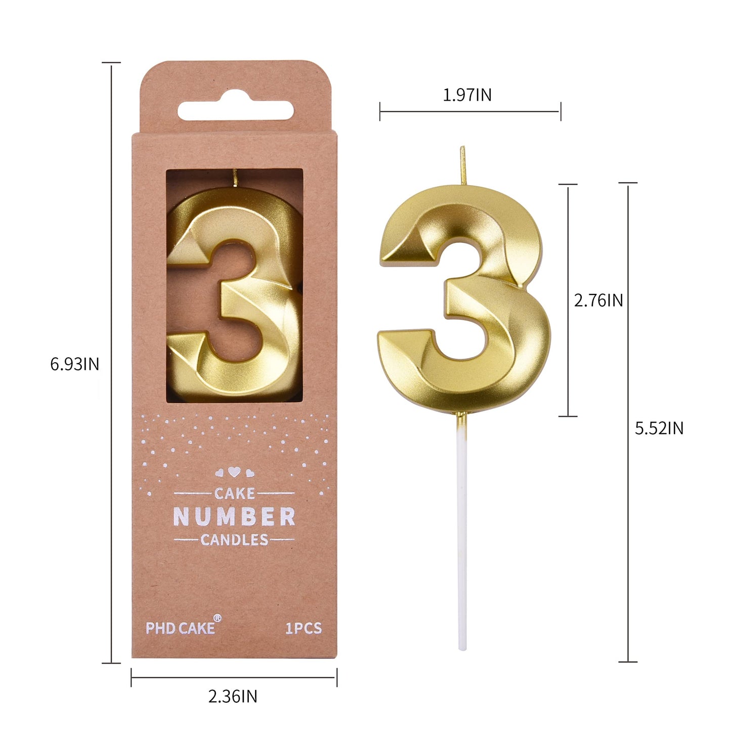 PHD CAKE 2.76 Inch Diamond Gold 3 Number Birthday Candles, Gold Number Candles, Cake Number Candles, Party Celebration