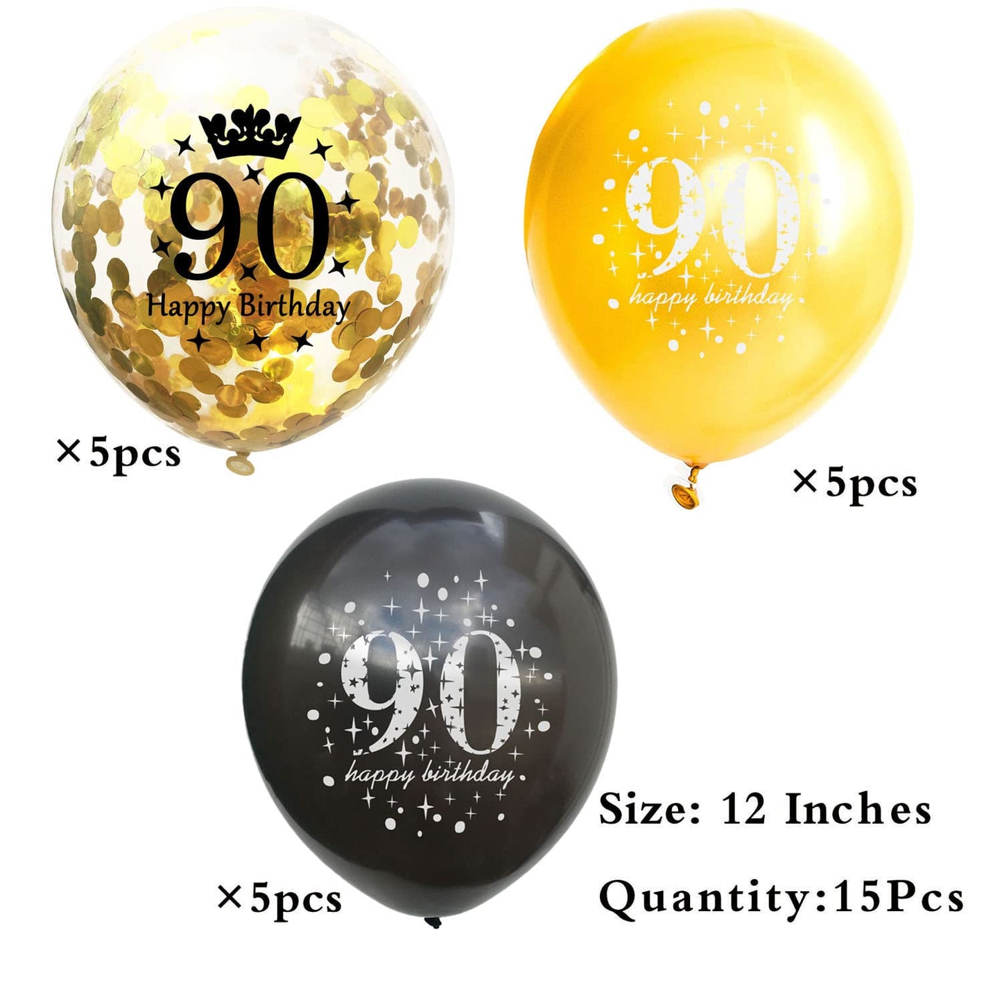 SHUNTAI 90th Birthday Balloons - Gold and Black Latex Confetti, 12 inch, 15 Pieces, Happy 90 Year Old Anniversary Party Decor