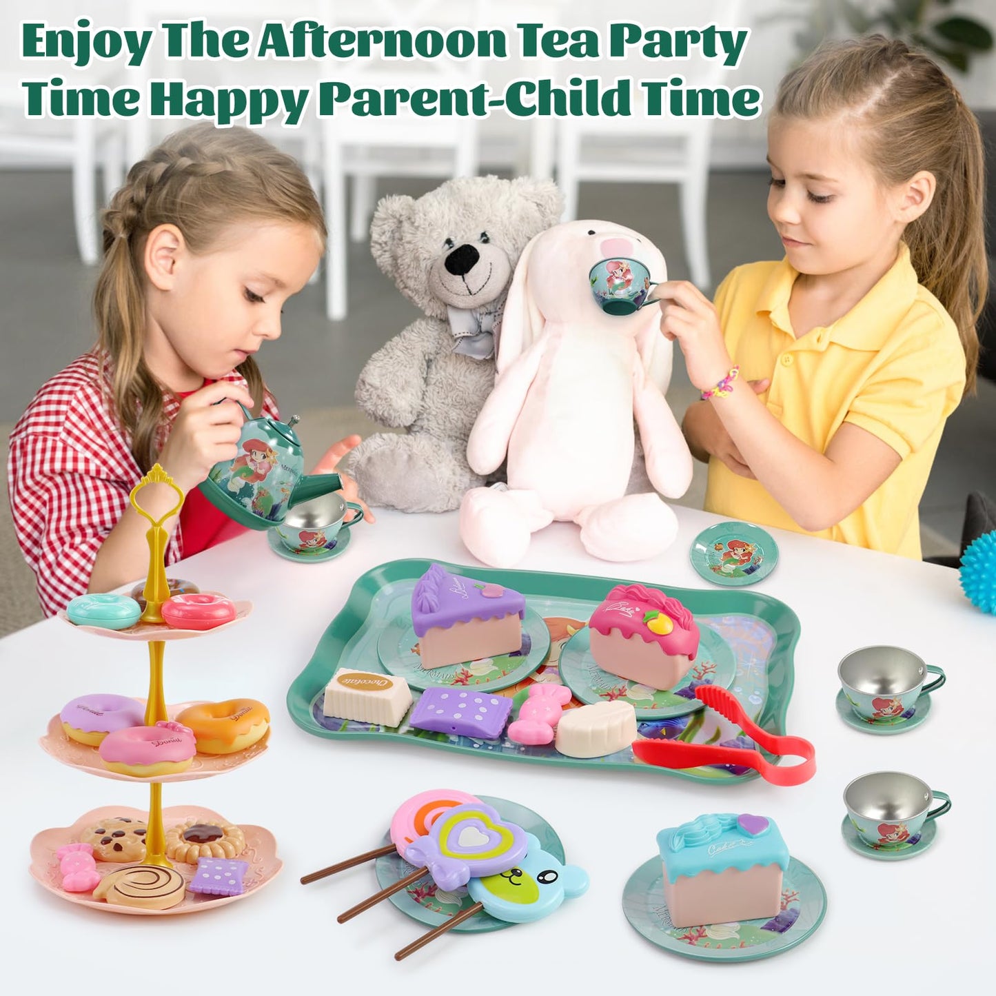Motiloo 48 Pcs Mermaid Kids Tea Party Set with Carrying Case & Sweet Treats Playset - Pretend Toy Tin Tea Set for Little Girls -