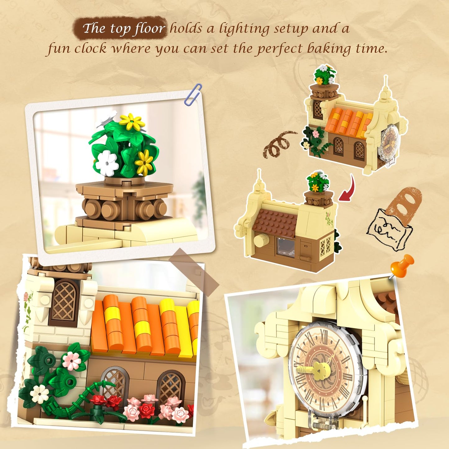 Insoon City Bakery Cafe House Building Set With Light, 1289 Pcs Baking Shop Building Block Toy With Coffee Cake Bread Bakery Roo