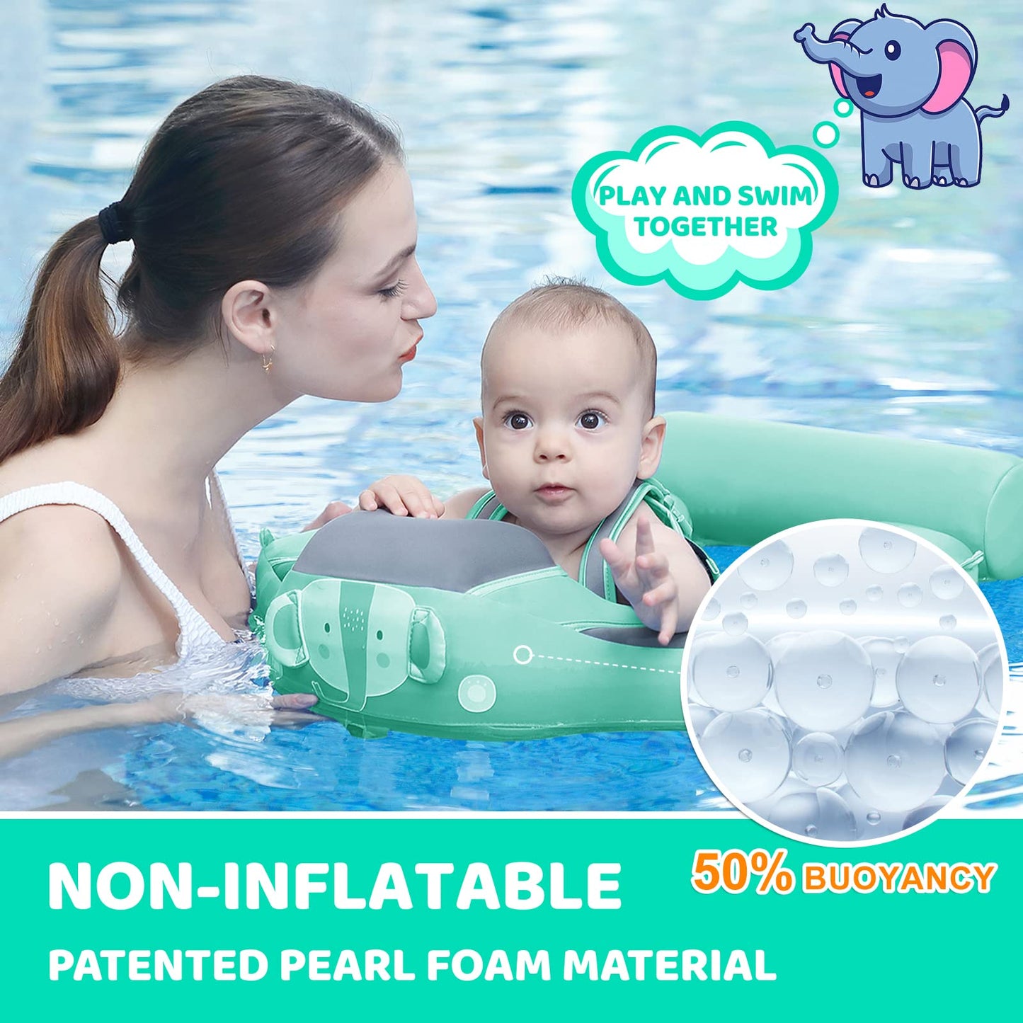 Mambobaby Elephant Green Baby Swim Float with Canopy, Non-Inflatable Infant Pool Float for 3-24 Months, Skin-Friendly Material