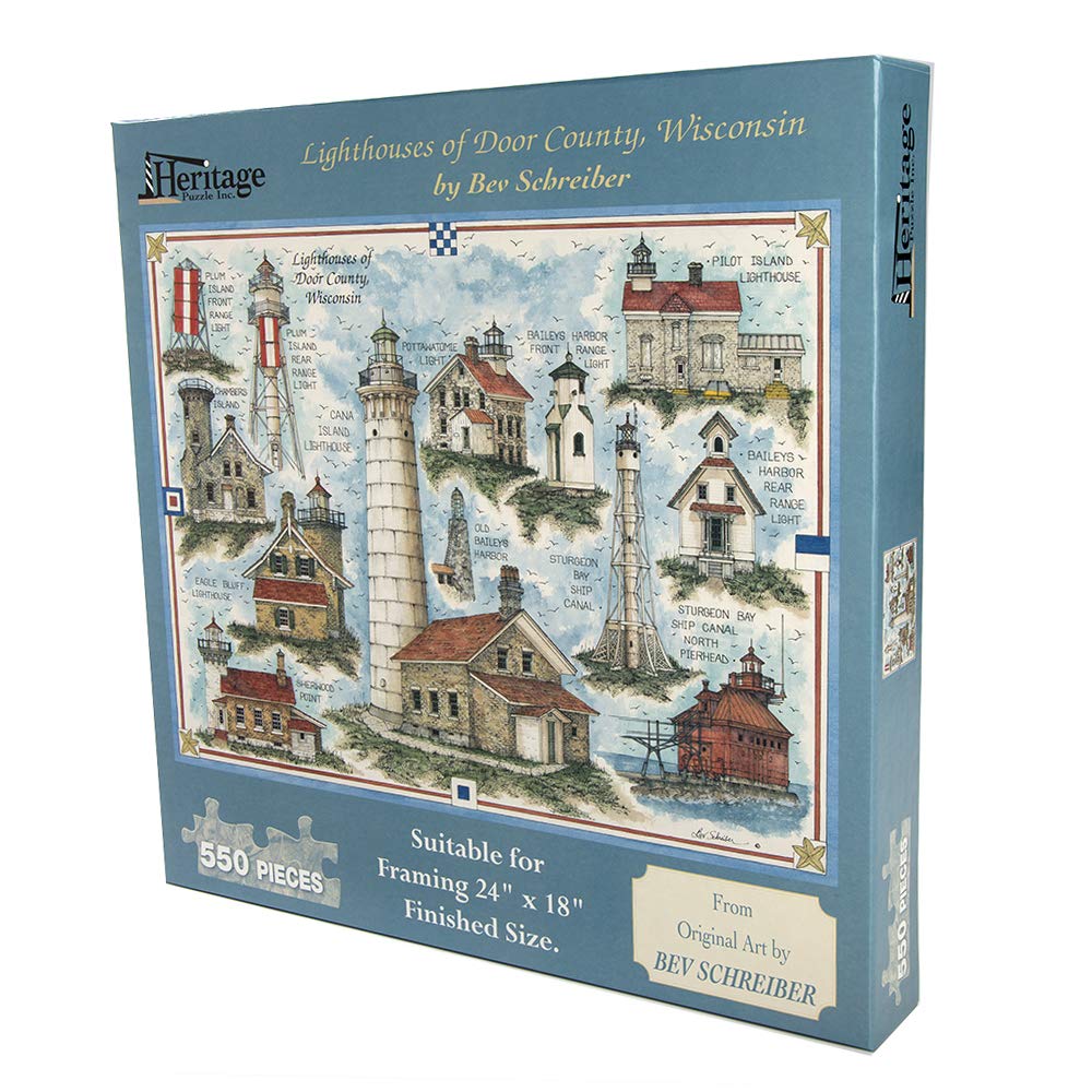 Heritage Puzzle 550 Piece Jigsaw - Lighthouses of Door County, Frameable 18"x24", Cardboard