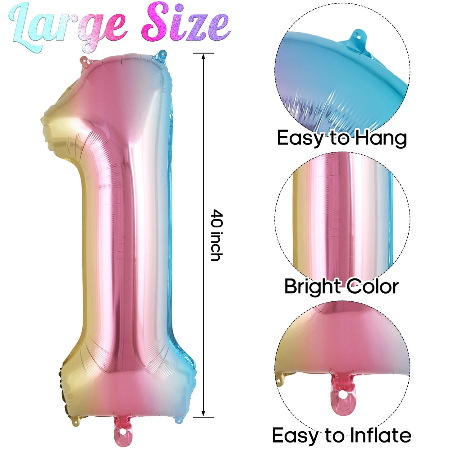 Rainbow Gradient Number 1 Balloon, 40 Inch Big Large Foil Number Balloons, Jumbo Giant Mylar Number 1 Balloons For 1 First Birth