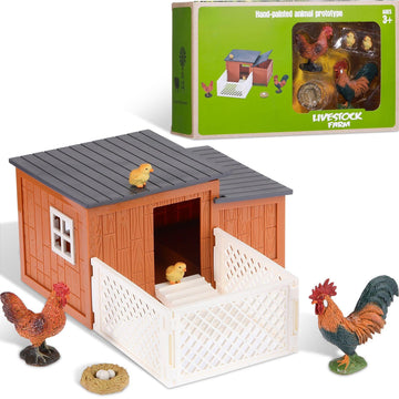 Skylety 9 Pieces Easter Chicken Figurine Chicken Model Playset Farm Action Figures Fences Around Building Blocks Farm Coop Set Birthday Party Present Animal Easter for Kids Age from 3 to 8