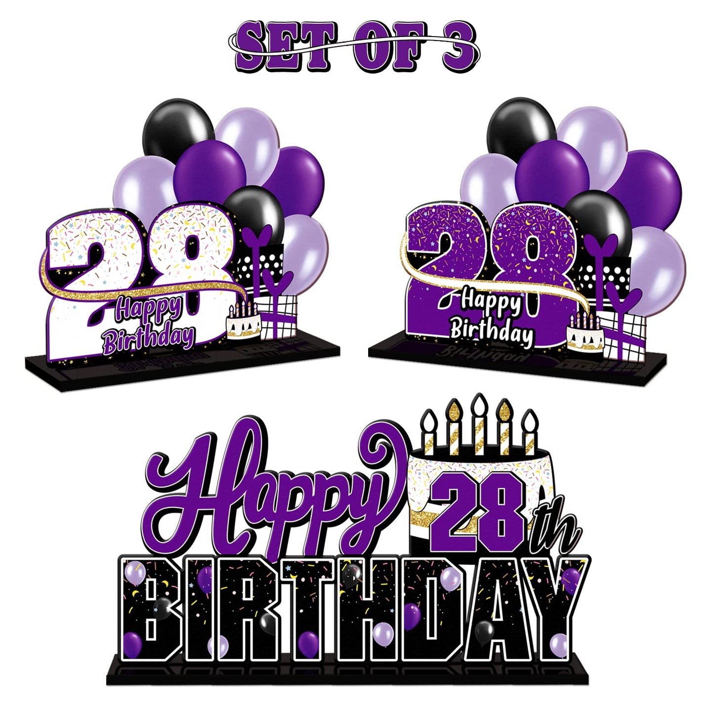 Lingteer Happy 28Th Birthday Purple Acrylic Table Topper Centerpieces Set - Cheers To 28 Years Old Birthday 28Th Bday Party Gift Decorations.