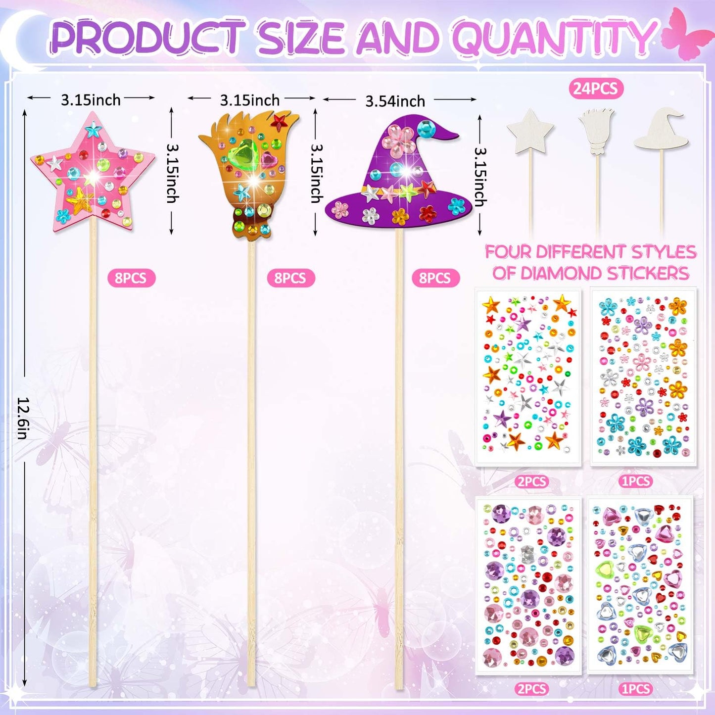 Juexica 24 Pcs Halloween Fairy Wands Kit Including 24 Unfinished Wood Pumpkin Wands and 6 Sheets Gem Stickers for Witch and Prin