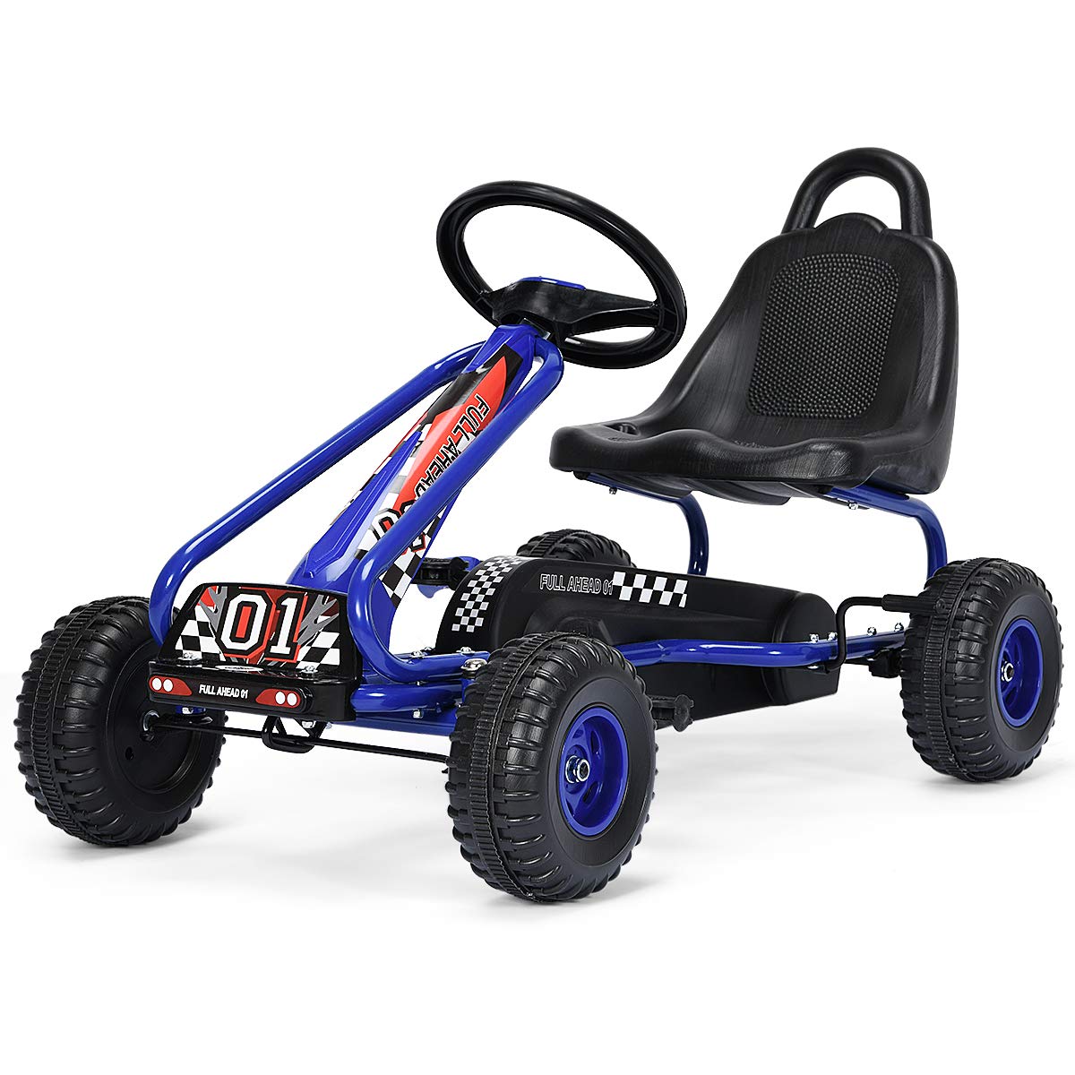 Costzon Go Kart For Kids, 4 Wheel Pedal Powered Go Cart With Adjustable Seat, Handbrake & Non-Slip Wheels, Outdoor Racer Ride On Pedal Car, Gift For Boys Girls (Blue)