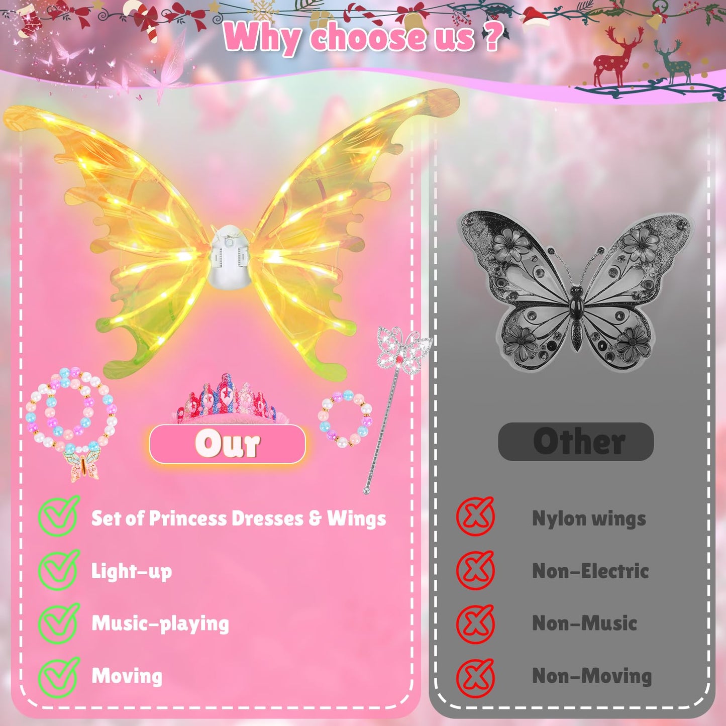 Princess Dress Up Costume With Electric Fairy Wings For Girls, Light Up Moving Butterfly Wings With Led Lights&Music, Princess C