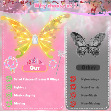 Princess Dress Up Costume With Electric Fairy Wings For Girls, Light Up Moving Butterfly Wings With Led Lights&Music, Princess C