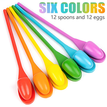 24 Pack Easter Egg and Spoon Race Game, 6 Colors Egg Spoon Race Game Sets with 12 Eggs and 12 Spoons, Halloween Egg Hunt Games,