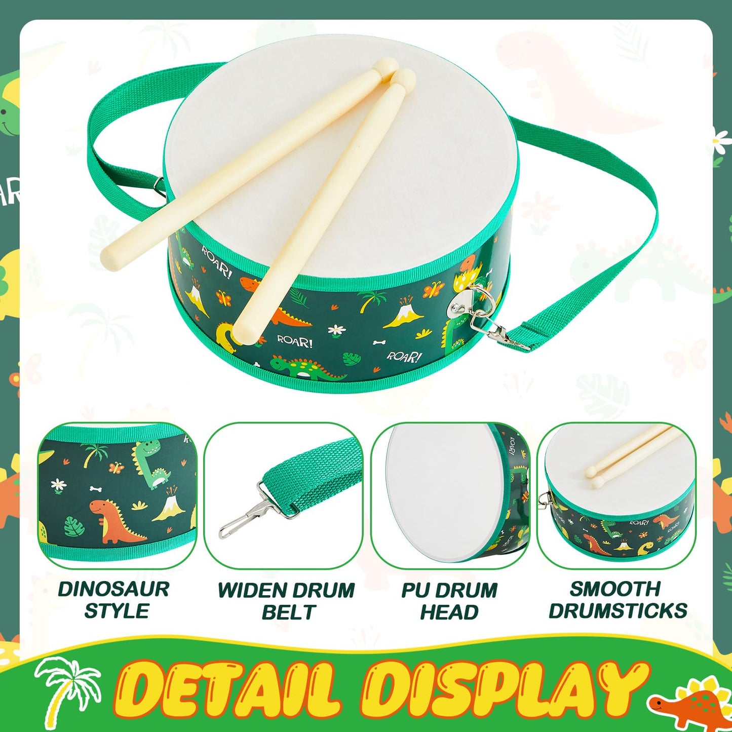 Boao Kids Drum Set For Toddler Over Age 6 Year Wooden Drum 8'' W X 3.7'' H Toys With Adjustable Strap And 2 Drumsticks Education