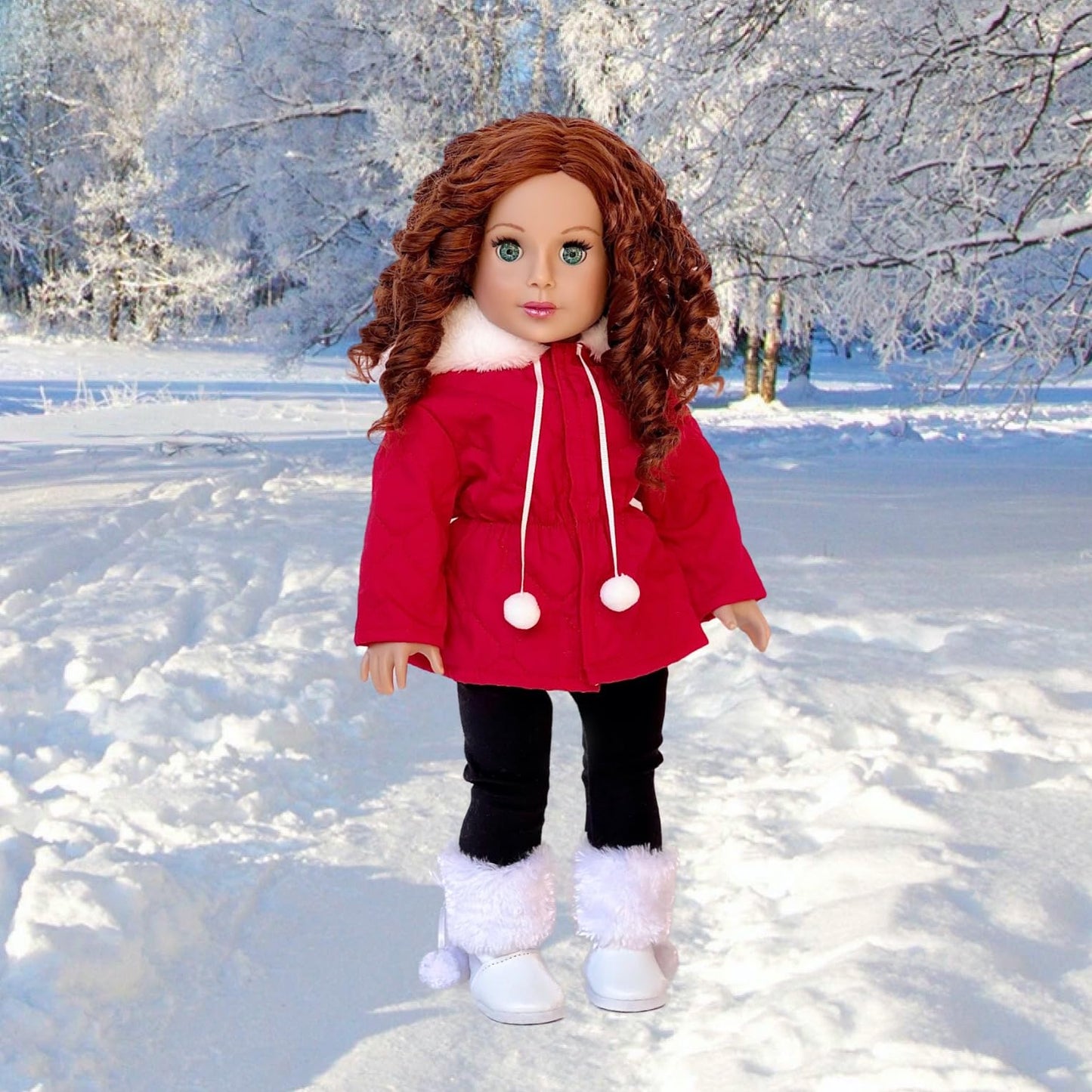 Winter Extravaganza - 3 Piece 18 Inch Doll Outfit - Red Quilted Parka, Black Leggings And White Boots - (Doll Not Included)