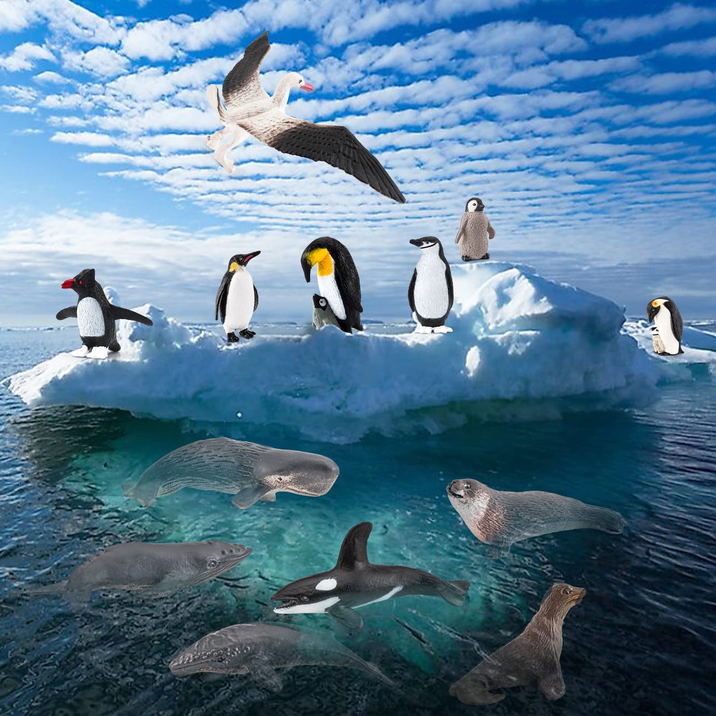 Wonwontoys 14Pcs Antarctica Penguin Figurines Toy Playset Arctic Penguin Lifecycle Realistic Sperm Whale Toys Cake Decoration Ch