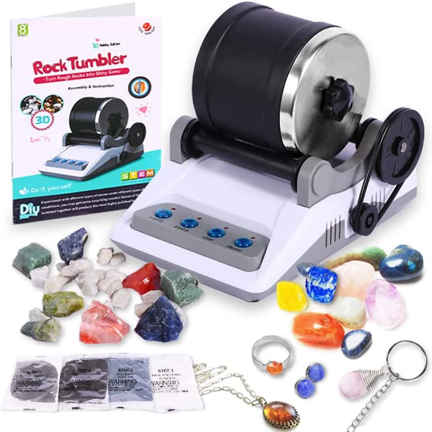 Buaob Rock Tumbler Kit - Turn Rough Rocks Into Beautiful Gems With 7-Day Polishing Timer, Includes 2 Belts, Bag Of Rough Stones,