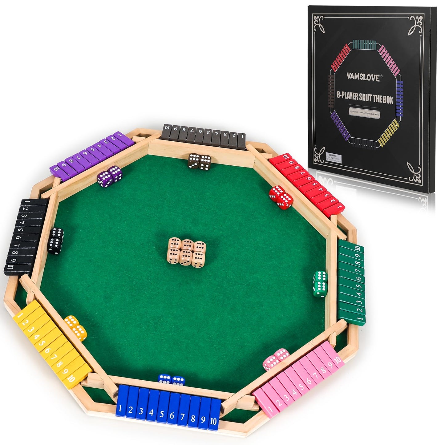 Vamslove Colorful Shut The Box Dice Game for 2-8 Players - Wooden Board Math Game with 16 +6 Dices - Fun for Kids & Adults