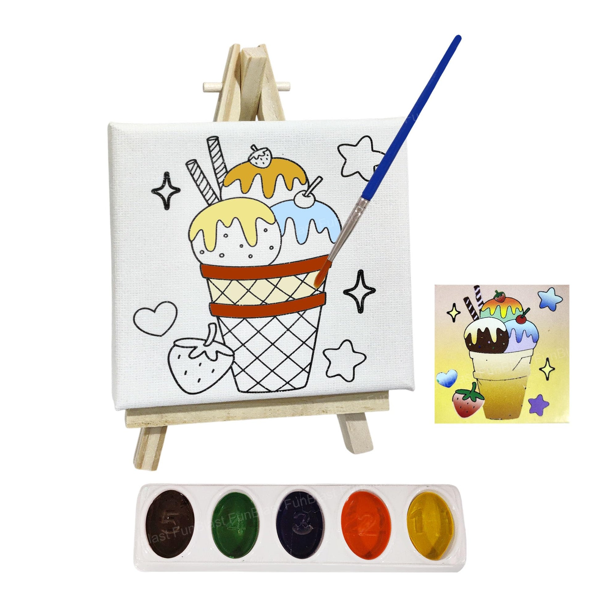 Funblast Diy Canvas Painting Kit For Kids  IceCream Theme With Mini Easel Stand, Watercolor Painting Set, Drawing & Art Craft 