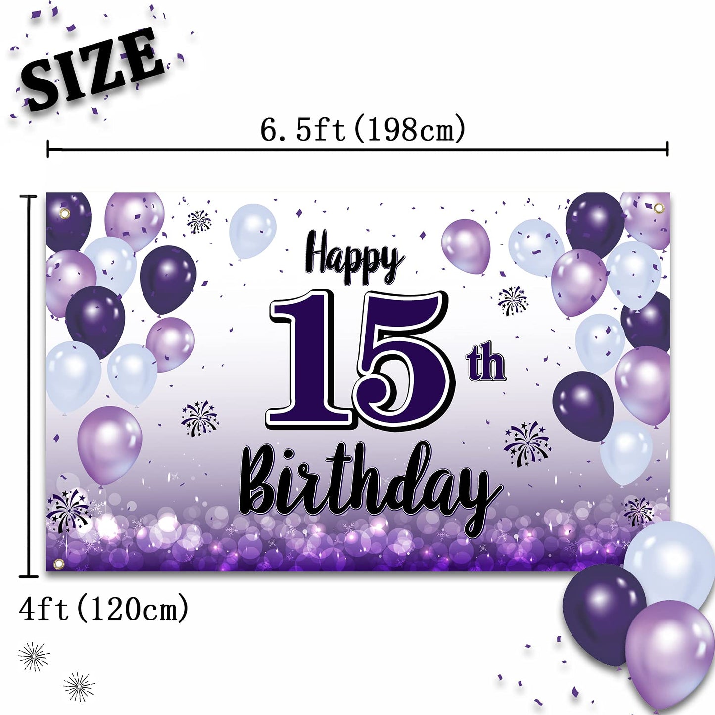 LASKYER 15th Birthday Decorations - Purple Balloon Banner Sign, Polyester Backdrop for 15th Birthday Party Supplies