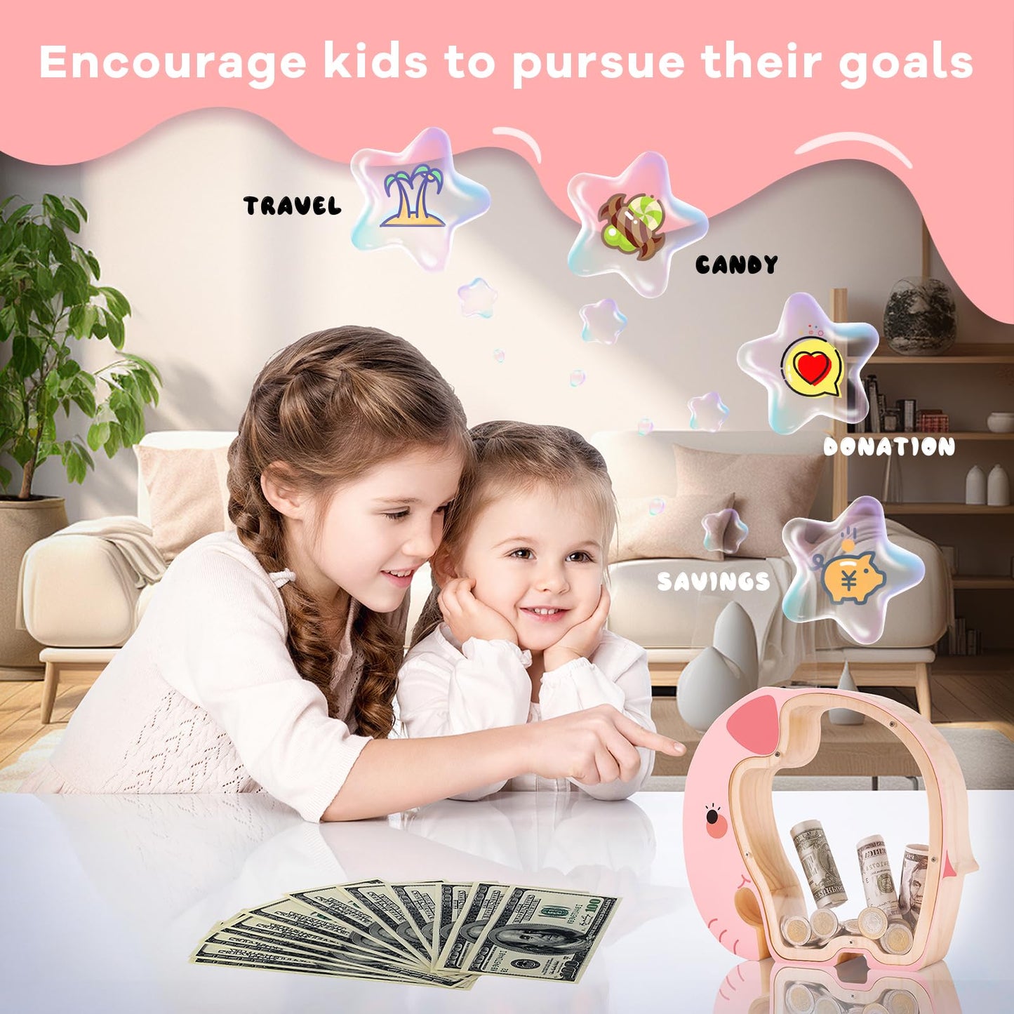 Wooden Pink Elephant Piggy Banks for Kids, Unbreakable Rabbit Coin Bank for Kids with Letter Sticker, Wooden Cashbox Money Jar P