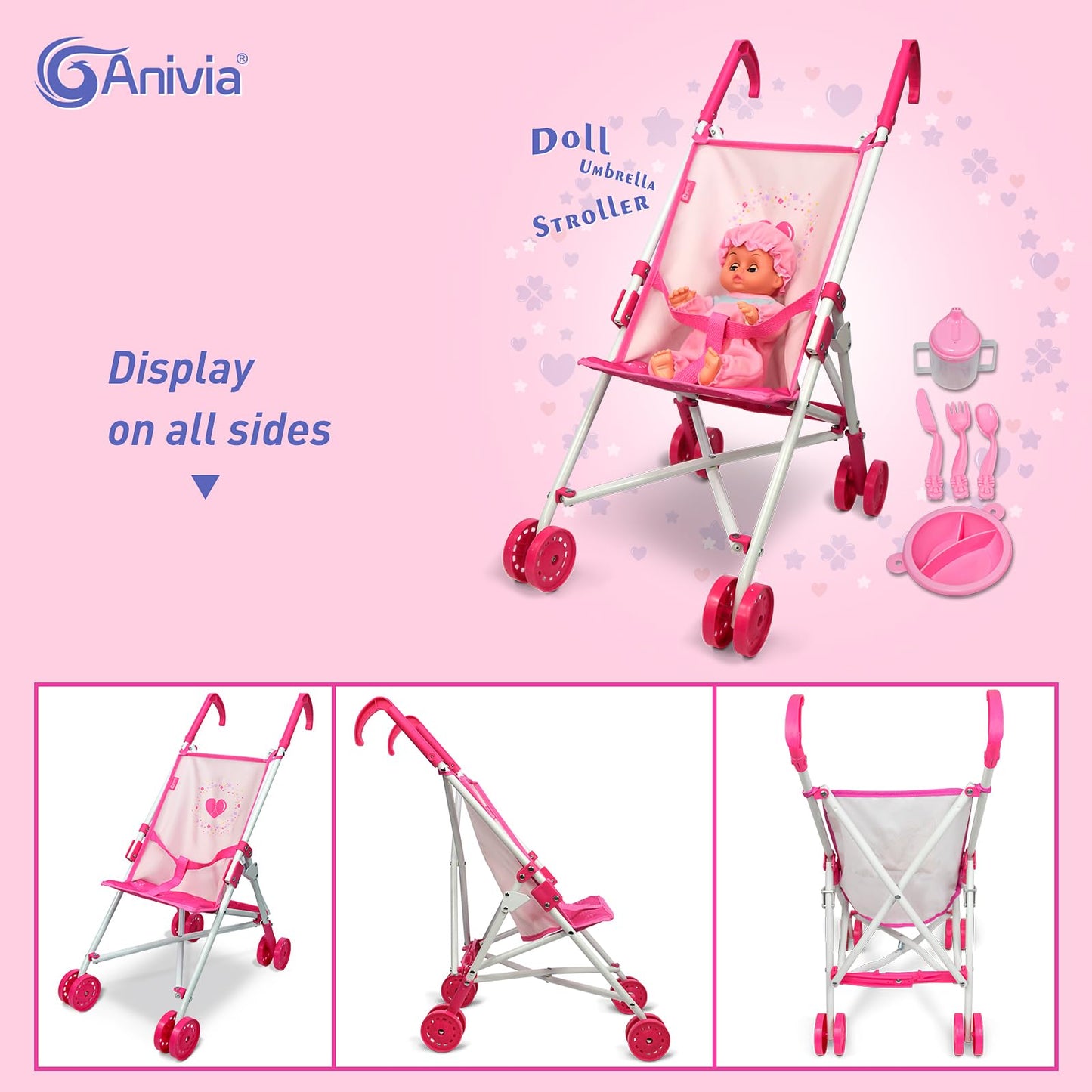 Doll Stroller Toy Anivia Realistic Doll Stroller Heart Design Gifts For Toddlers And Girls Foldable Baby Doll Stroller Toy(Witht