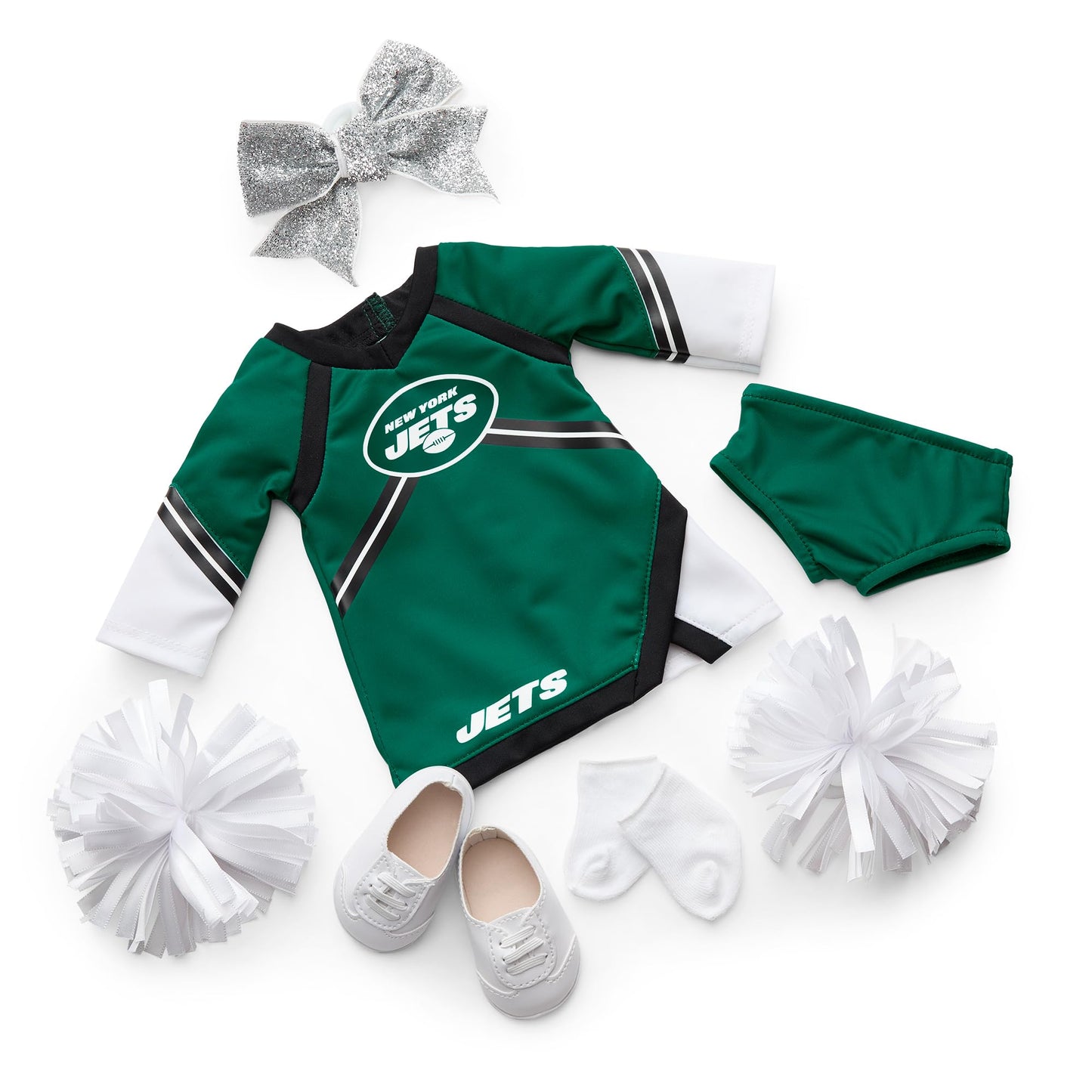 American Girl New York Jets Cheer Uniform 18 Inch Doll Clothes With Pom Poms, Green And Black, 5 Pcs, Ages 6+