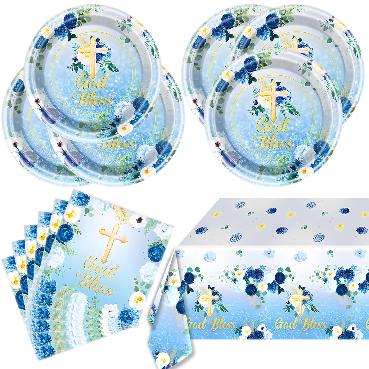 Blue God Bless Tableware Set,First Communion 20 Plates and 20 Napkins and Tablecloth51 x 86,For Newborn Baptism Church Party