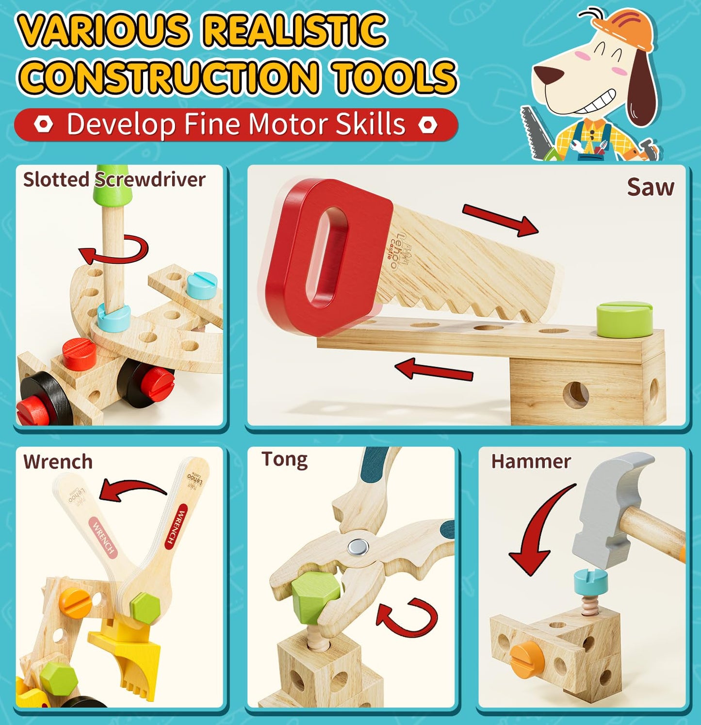 Lehoo Castle Kids Tool Set - Wooden Construction Toys for Ages 3-5, Standard Size, Blue, Model TT-004, STEM Learning Gift