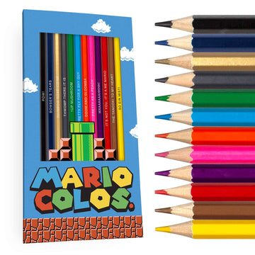 Pun Labs Mario-Inspired Colored Pencil Set - 12 Drawing & Coloring Pencils with Clever Game References - Super Mario-Inspired Gi