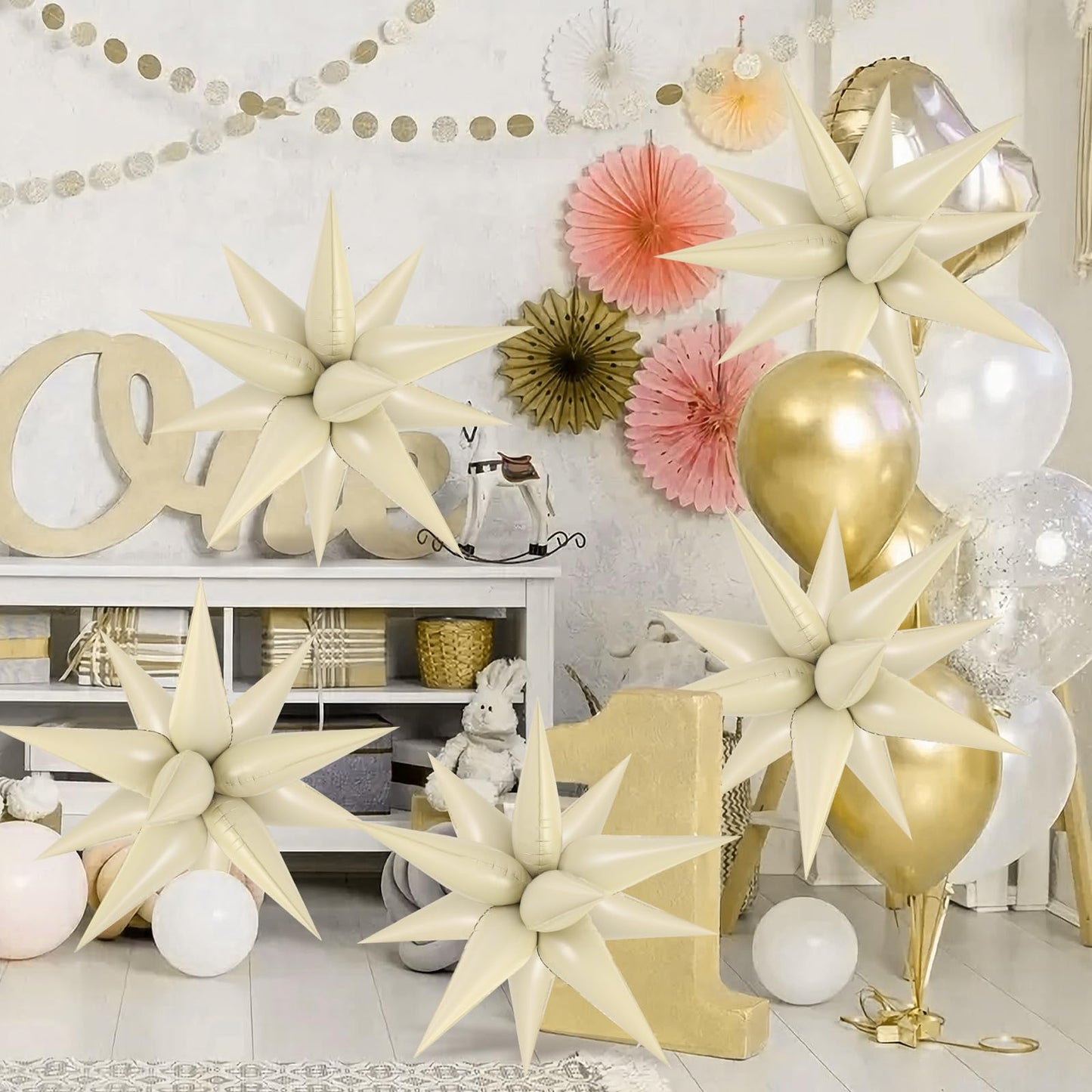 60 Pcs Cream Star Balloons Foil Starburst Balloons Explosion 12 Point Cone Balloons Large For Wedding Anniversary Backdrop Birth