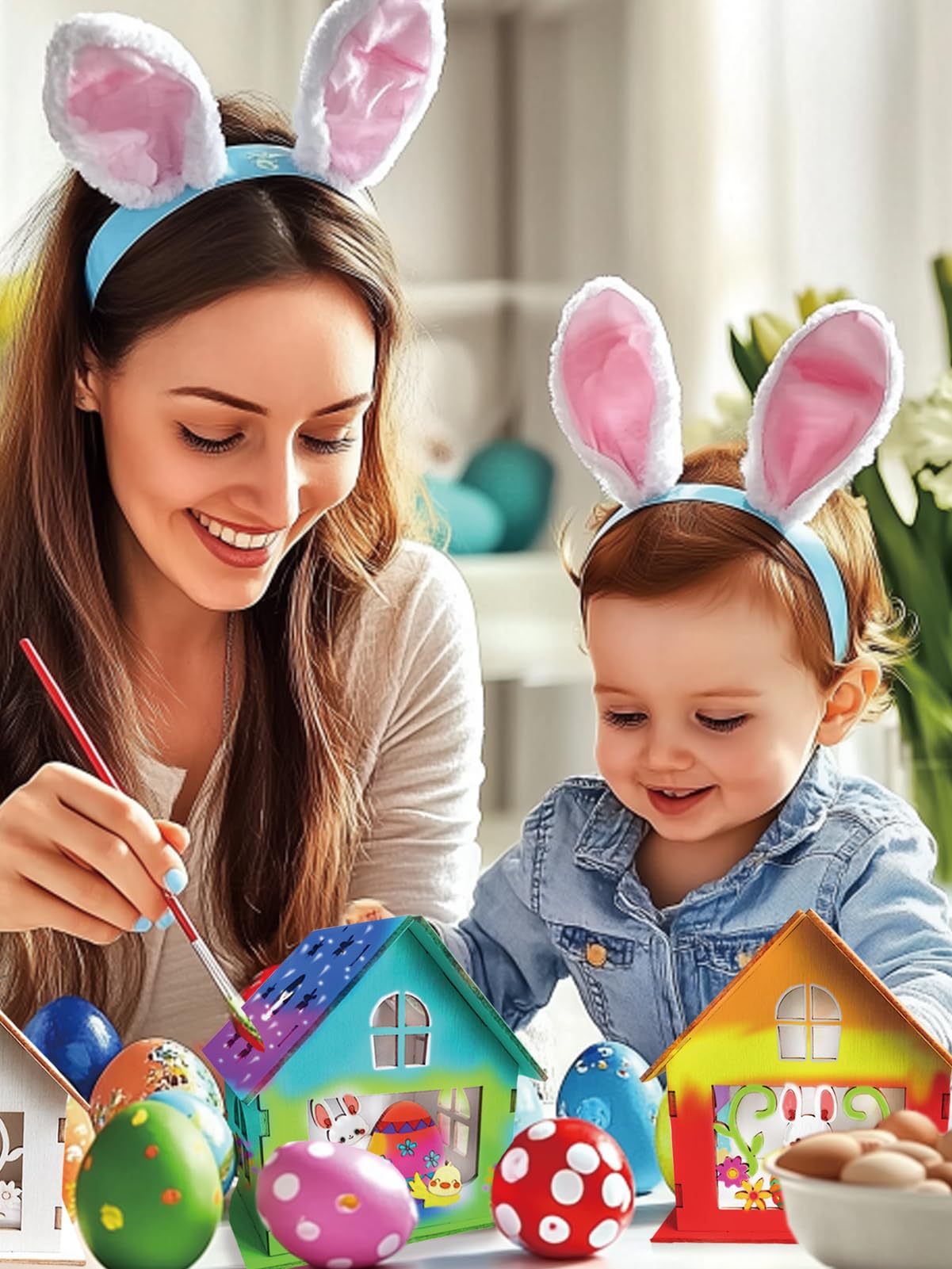 Nsoicrac 2 Pieces Wooden Easter House Craft Kit for Kids DIY Bunny Egg House with, Wood Crafts Art Project Bulk Painting Kits fo
