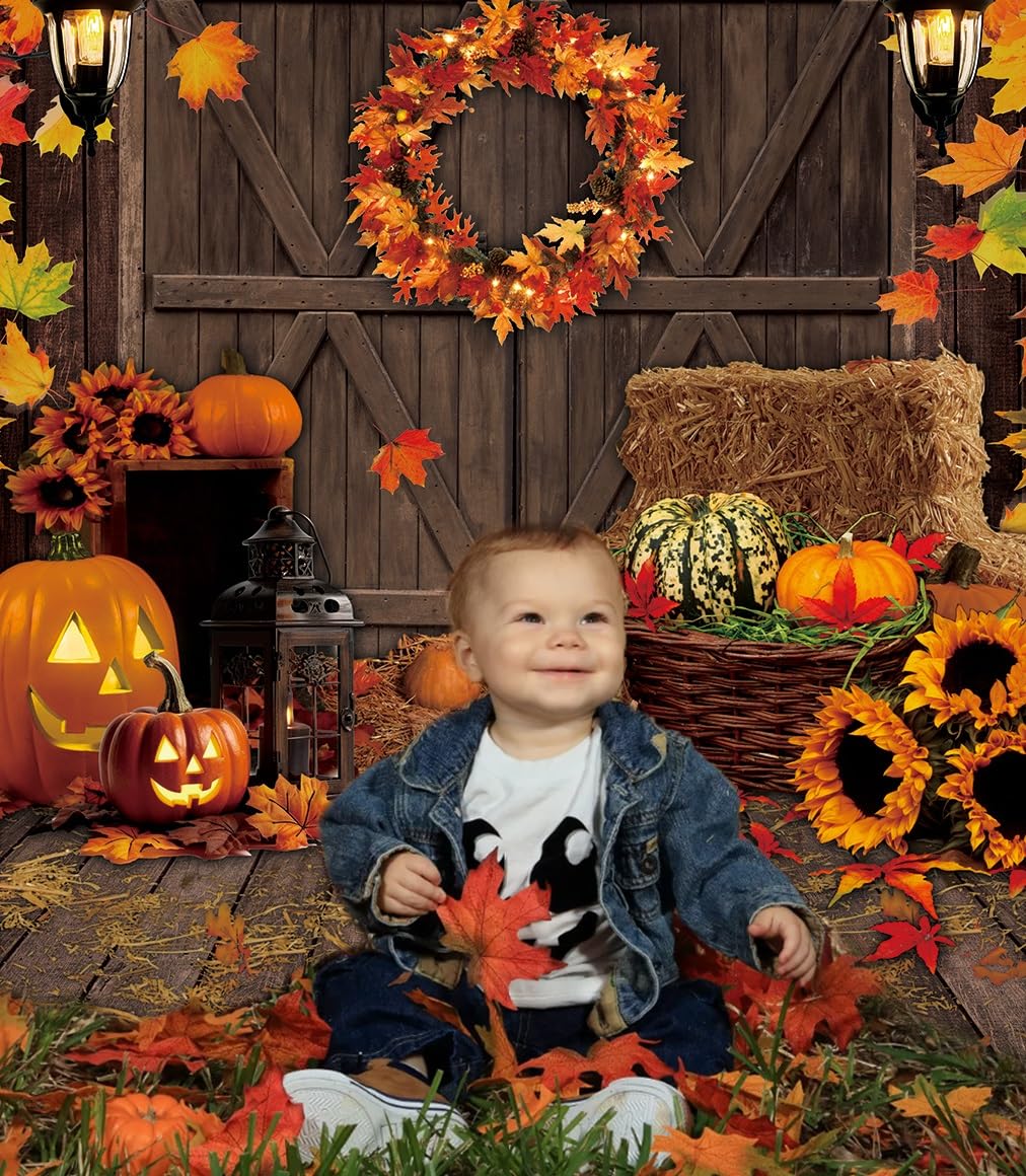 Happy Thanksgiving Backdrop 8x10FT Fall Rustic Wooden Floor Barn Maple Leaf Pumpkin Photography Background Thanksgiving Friendsg