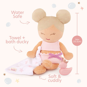 LullaBaby 14-inch Water-Safe Bath Doll, Fair Skin Tone & Blonde Hair, Toddler Bath Toys with Towel & Ducky, Ages 2 & Up