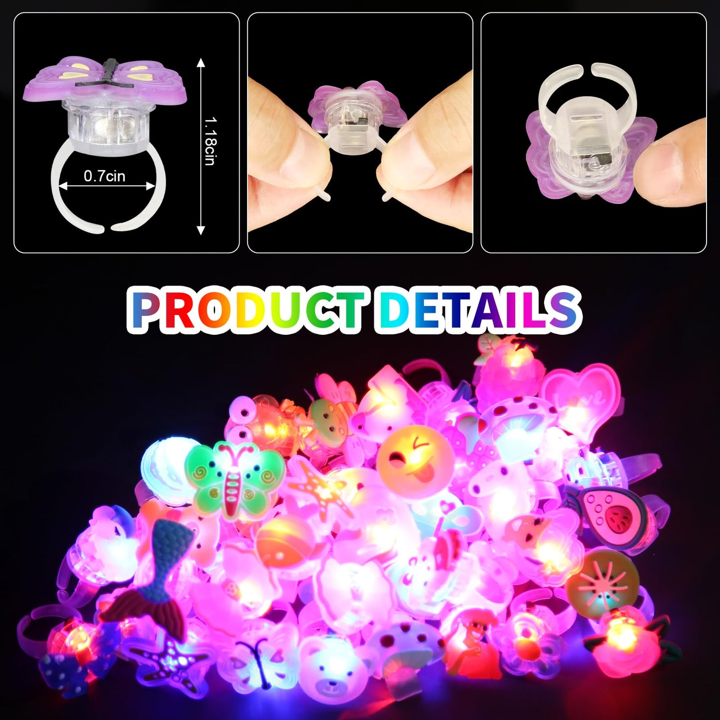NEEW 50 Pcs LED Light Up Ring Bulk Toys, Glow in The Dark Party Supplies, Party Favors for Adults Kids Pinata Filler Goody Bag S