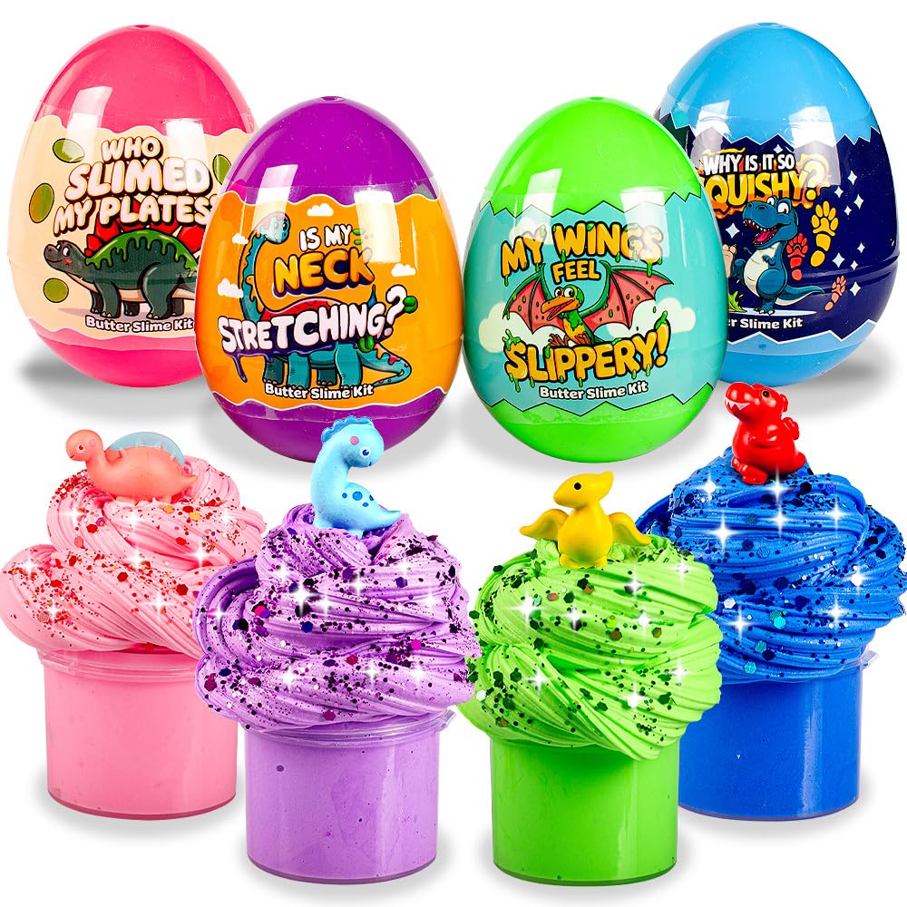 Waybla Dinosaur Butter Slime Kit for Kids - 4-Pack Colorful Butter Slimes with Glitter  Dinosaur Figurines  and Plastic Eggs - Sensory Toy  Party Favors  Birthday Gifts  Easter Basket Stuffers Fillers