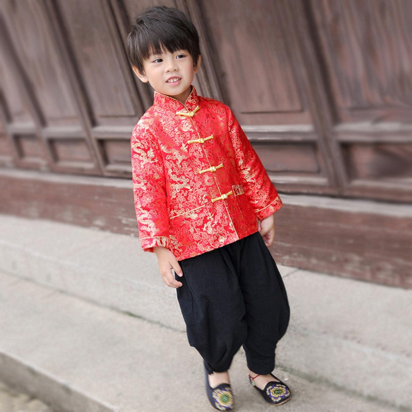 Boy Tang Suit Dragon Long Sleeve Shirt Chinese New Year Outfit Chinese Traditional Clothes For Kids (Red,10-12 Years)
