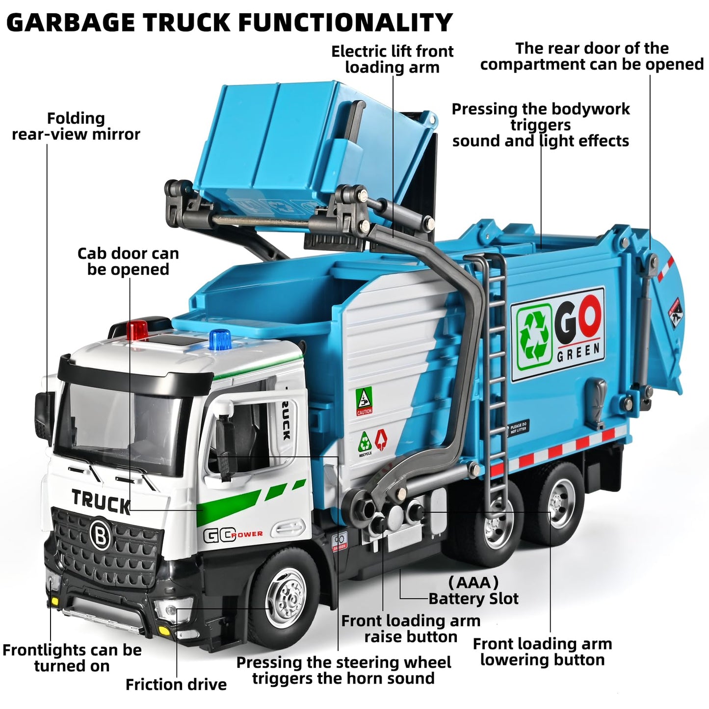 NOVAFUSION Front Loader Arm Toy Garbage Truck with Auto Lift Function,Diecast Garbage Truck Metal Cab,Friction Powered Garbage T