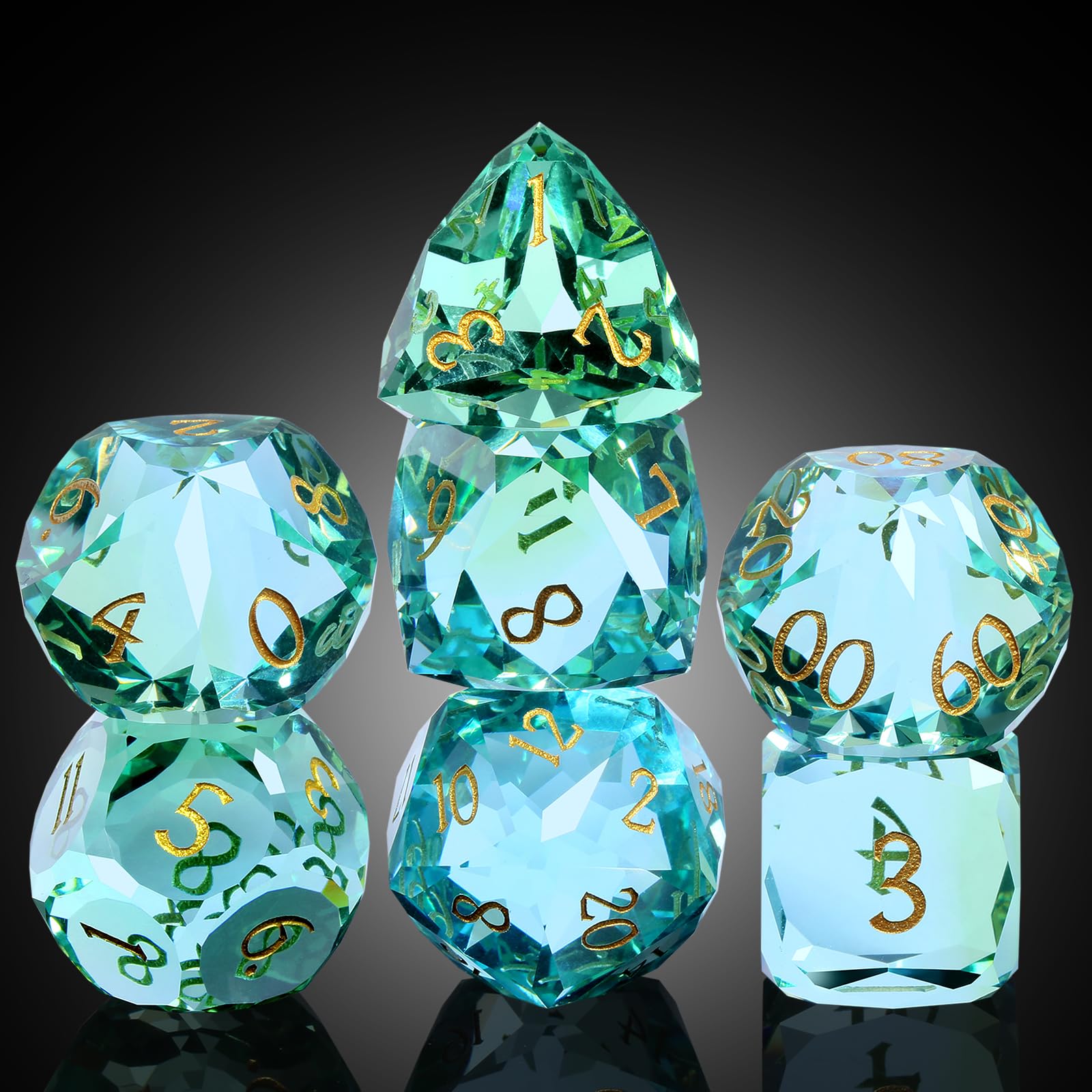 DNDND 7-Piece Glass Dice - Multifaceted Colorful DND Dice, Tabletop Gaming, Collectors | Premium Gift Box & Durable Design (Gree
