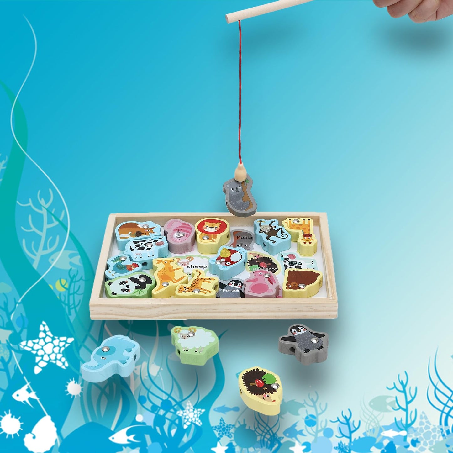 ONEST 18 Pieces Magnetic Fishing Game for Kids Wooden Magnet Fishing Game Wooden Magnetic Toys for Kindergarten Preschool Girl B