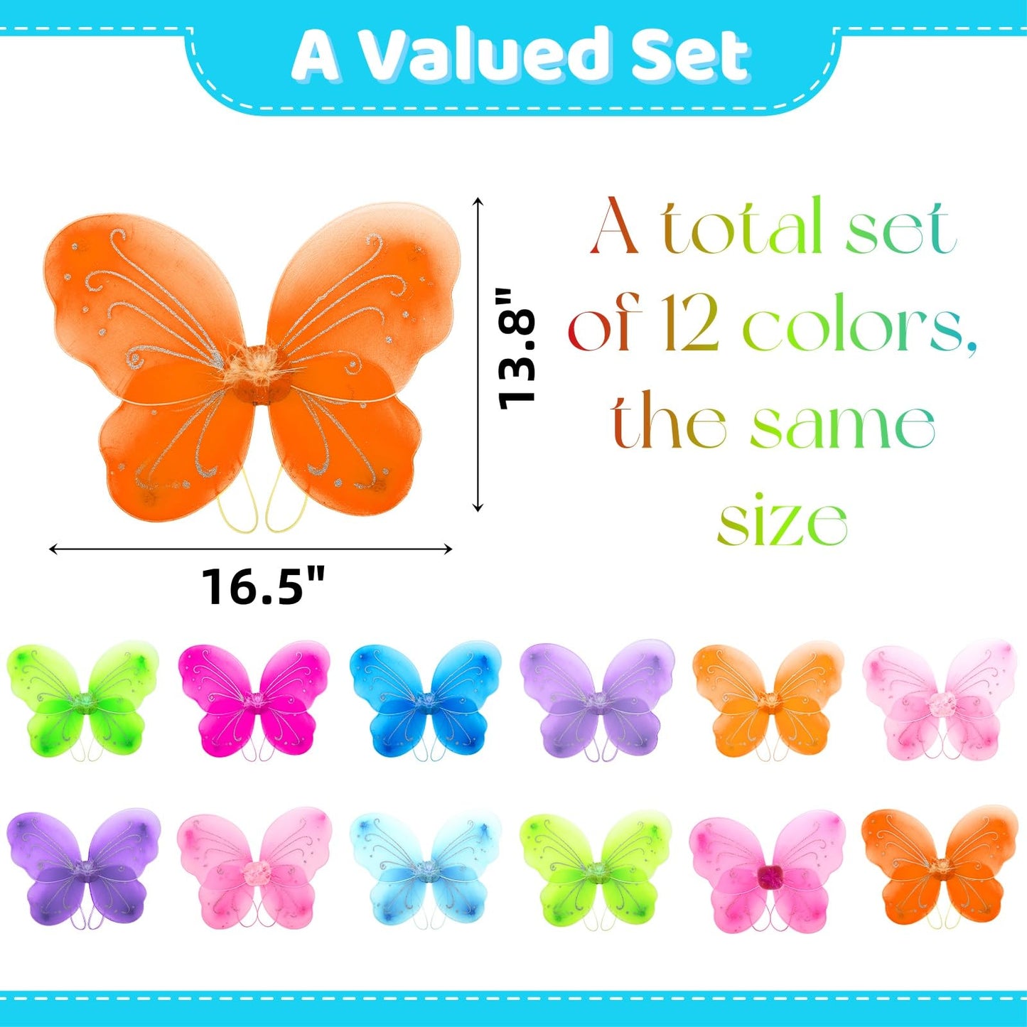 Noamus 12 Packs Butterfly Fairy Wings For Girls, Sparkle Princess Wings Bulk For Kids, Dress Up Glitter Costume Accessories For