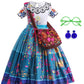 Dyjjkm Mirabel Costume For Girls Magic Family Dress Cosplay Princess Halloween Party Outfit (Blue, 7-8 Years)
