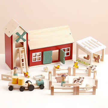 Pairpear Wooden Farm Animal Toys Bran Farm Palyset, Kids Red Barn Farm Toys With Farm Animals Figures And Tractor, Educational Stacking Learning Toys Gift For Toddler Girls Boys 3+