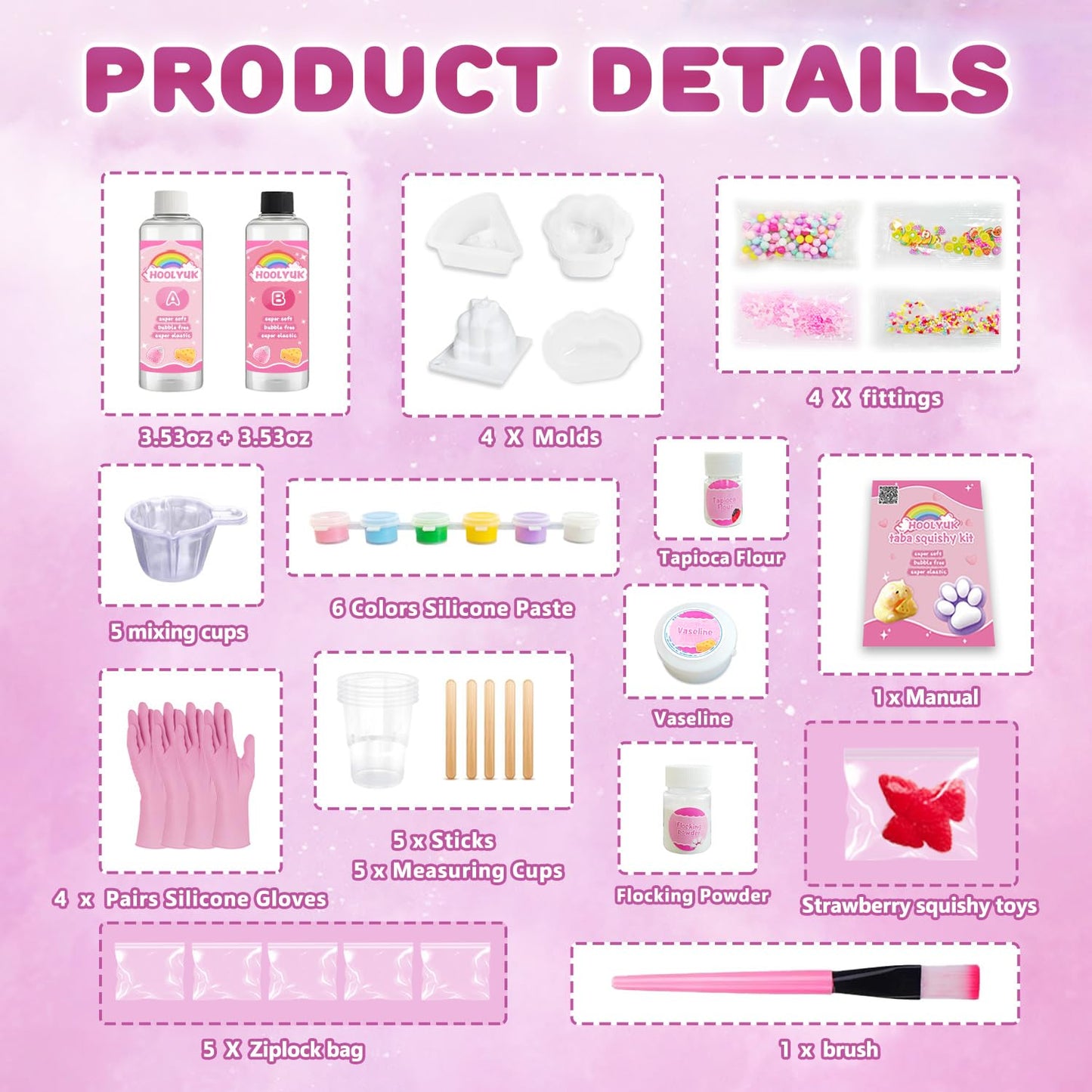 HOOLYUK Taba Squishy Kit  DIY Squishy Making Kit 1:1 AB Liquid Silicone  FuFu Squishy Kit with Mold  Flocking Powder - Stress Relief Entertainment Gifts for Any Occasion