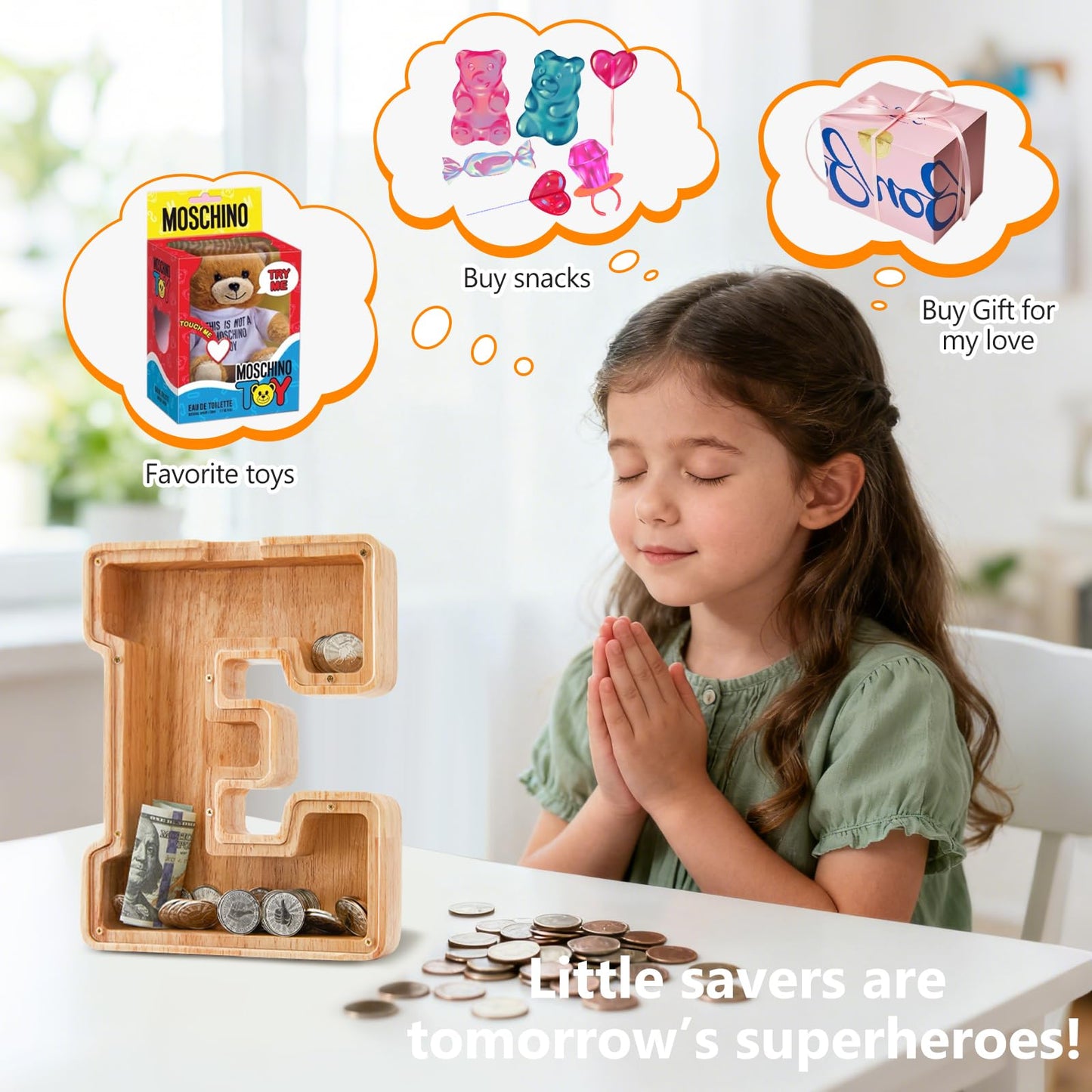 Wooden Letter Piggy Bank for Kids  Initial Coin Bank for Boys and Girls  First Name Personalized Savings Bank for Birthday Boys Girls Gift Piggy Bank for Kids (Wood  S9-E)