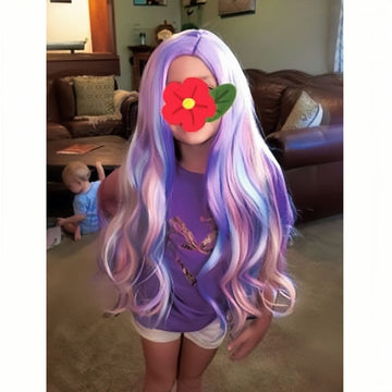 Duduwig 22 Inches Long Rainbow Wig For Kids Girls Long Multi-Color Wavy Curly, Lovely Color Synthetic Cosplay Hair Wig For Child