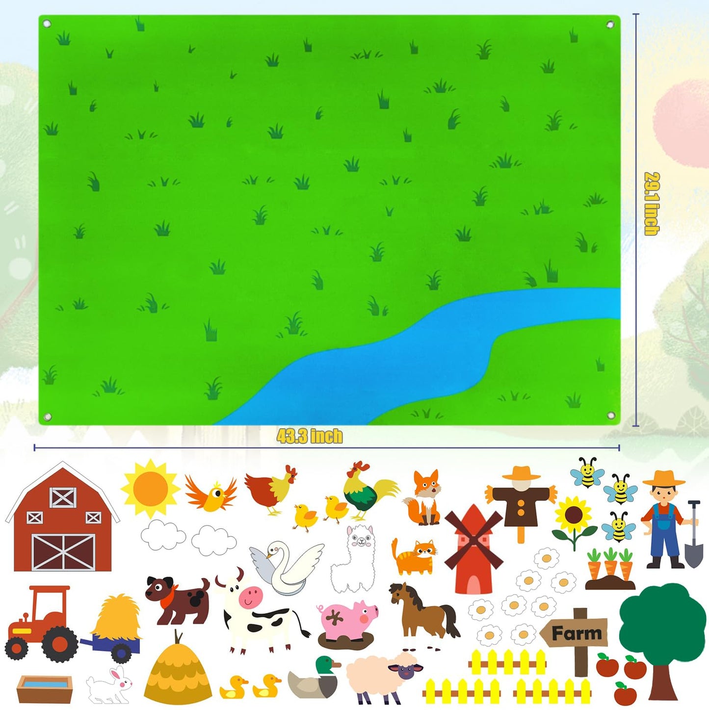 OKGIUGN 61 Pcs Farm Animals Story Felt Board, 3.6 Ft Farmhouse Themed Play Mat Wall Hanging Kit Toys, Birthday Gift for Toddlers