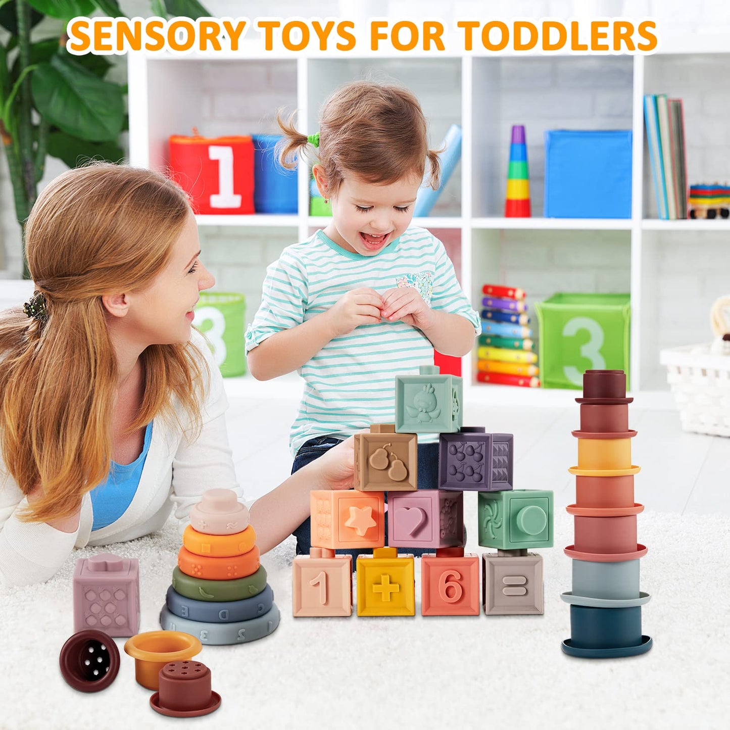 Charniol 3 Set Montessori Toys For Babies Soft Baby Stacking Block Baby Toy Blocks For 6 To 12 Months Silicone Ring Stacker Sensory Building Toy