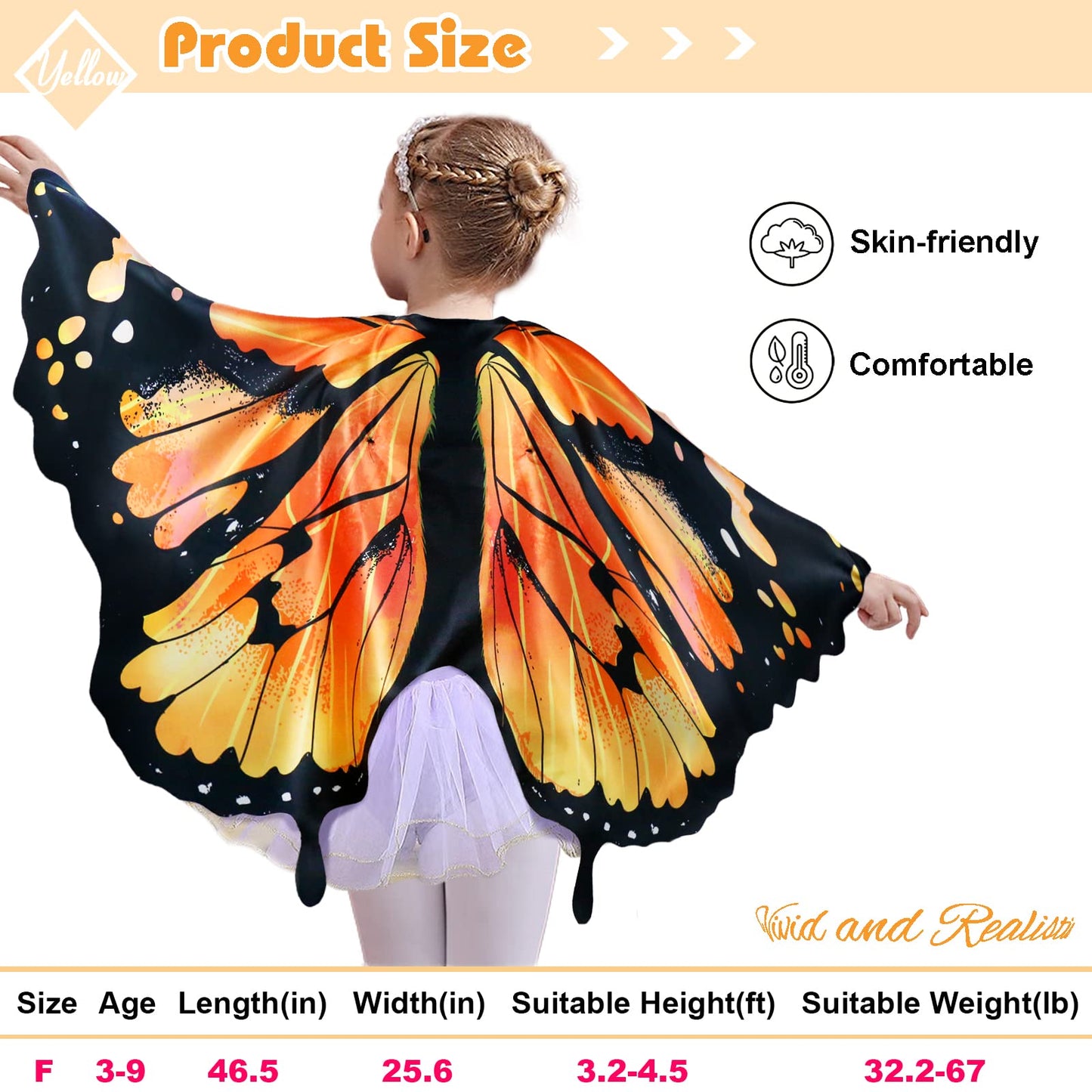 Irolehome Monarch Butterfly-Wings For Kids Girls Princess Dress-Up Fairy Costume For Toddler Big Sister Gifts Dance Party Toy