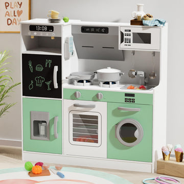 BIERUM Play Kitchen with Realistic Lights & Sounds, Wooden Kitchen Playset with 28 Pcs Toy Food & Cookware Accessories, Toy Kitc