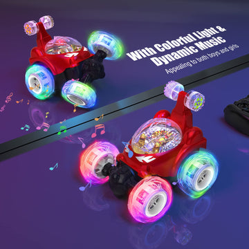 Kizeefun RC Stunt Car, Invincible 360Rolling Twister with Colorful Lights & Music, Rechargeable Remote Control Car for Kids (Red