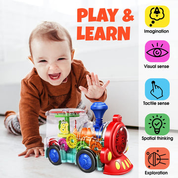 Tooty Toy Transparent Train Toy - Fun And Interactive Electric Train Toy For Kids - Music Train With Led Light Up - Colorful Moving Gears -Tummy Time Crawling Baby Toys For Boys Girls