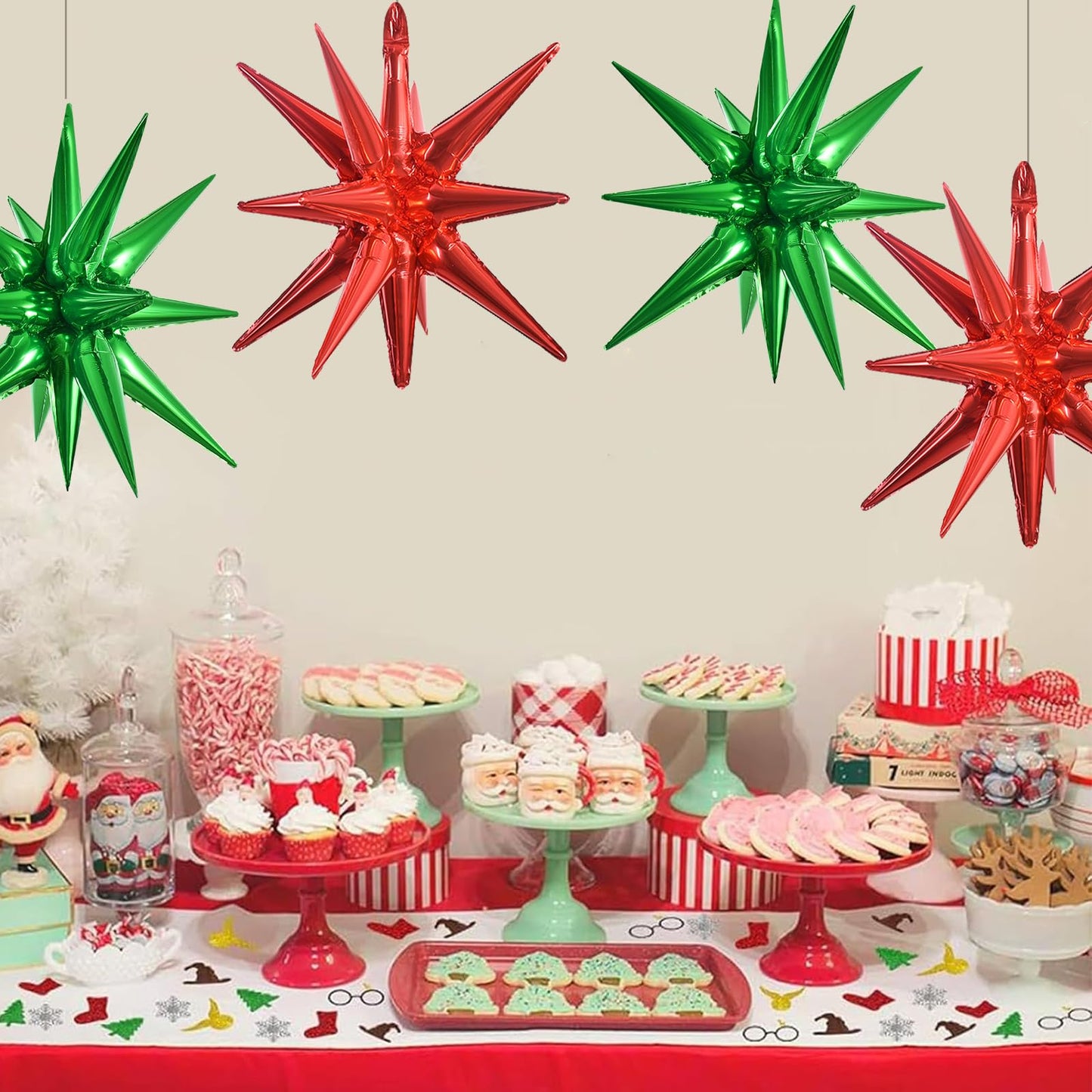 TONIFUL 4 Pcs 22inch 4D Red Green Explosion Star Mylar Balloons 14Point Star Balloons for Party Decorations Backdrop Christmas,N